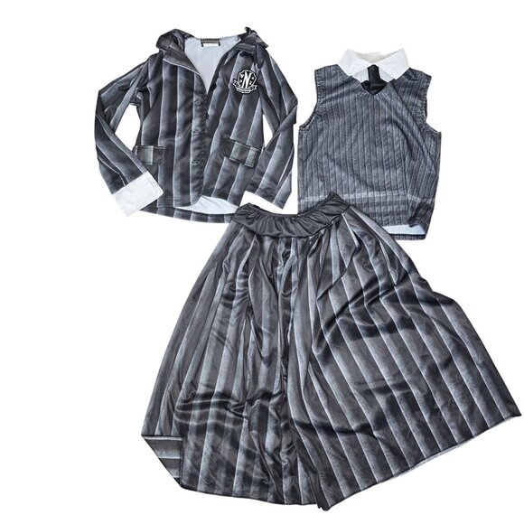 Wednesday Addams Inspired 3-Piece Costume Set Large  Striped Jacket Sleeveless V - Picture 1 of 7